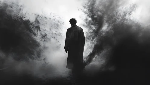 Solitary figure in dark swirling smoke and mist.