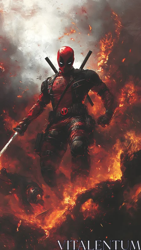 Masked red-suited antihero strides through raging fire.