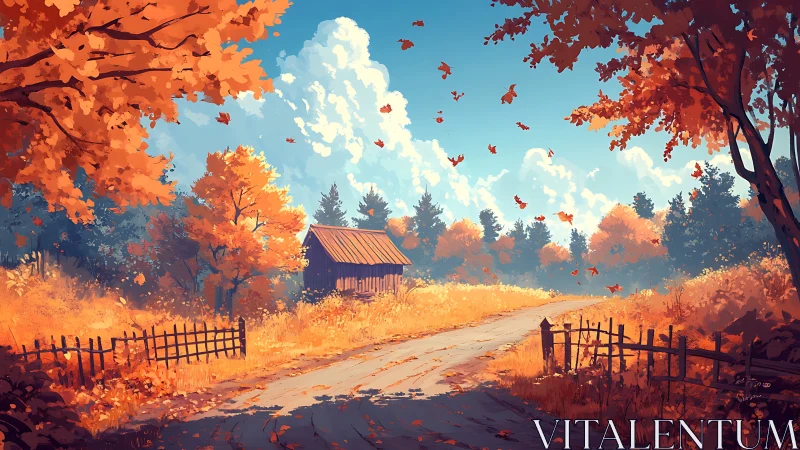 Autumn country lane curves past rustic barn under dynamic cloudfield