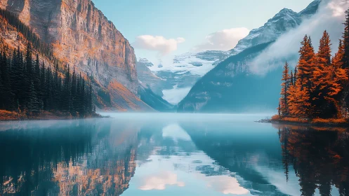 Mountain lake reflection with autumn forest and misty peaks.