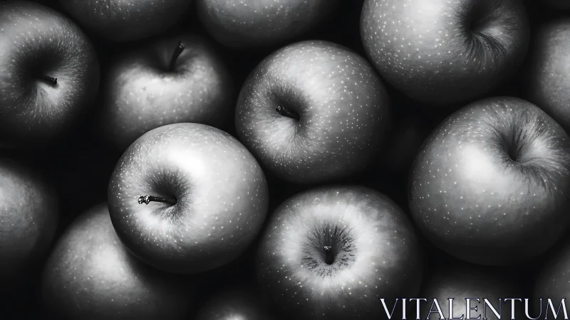 Monochrome close-up study of clustered apples with sheen.