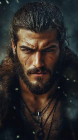 Scarred bearded warrior stares forward with intense focus
