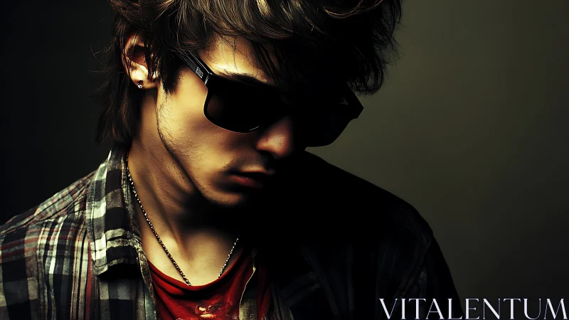 Side-lit young man in sunglasses and plaid shirt portrait.