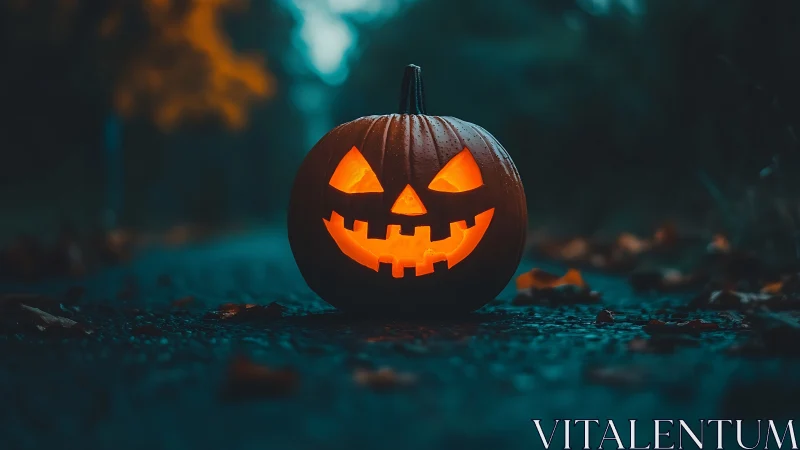 Glowing jack-o’-lantern grins on a dark, misty forest road