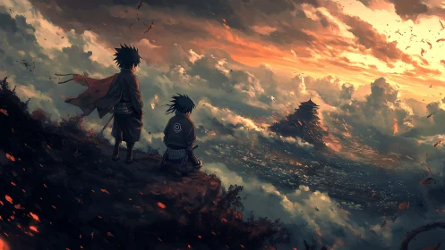 Stormlit ninja brothers watching a drifting sky temple.