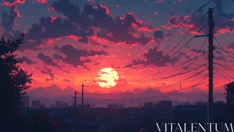 Urban skyline with power lines under dense red sunset clouds.