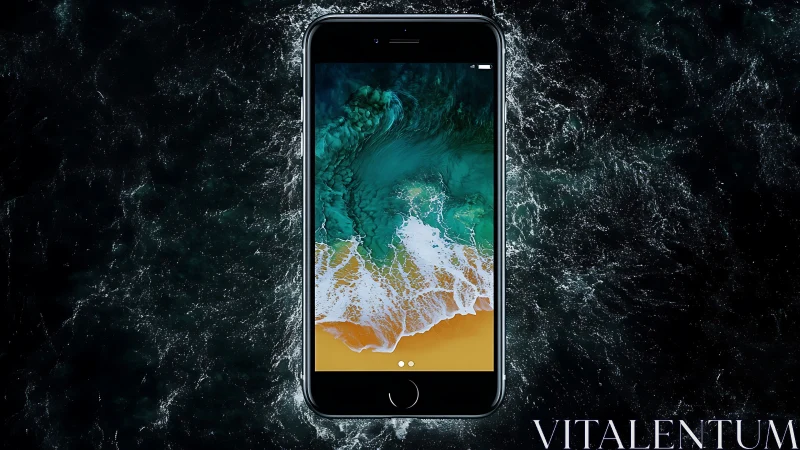 Smartphone with ocean-wave wallpaper framed against dark churning water