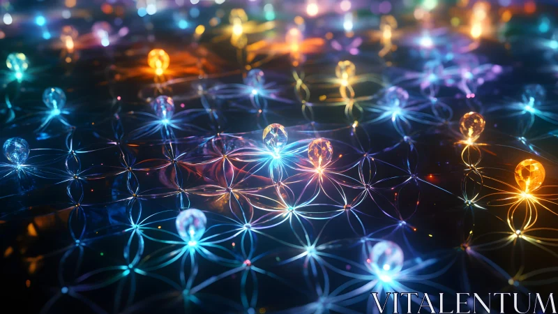 Luminous Crystals on Geometric Grid in Futuristic Digital Art Style.
