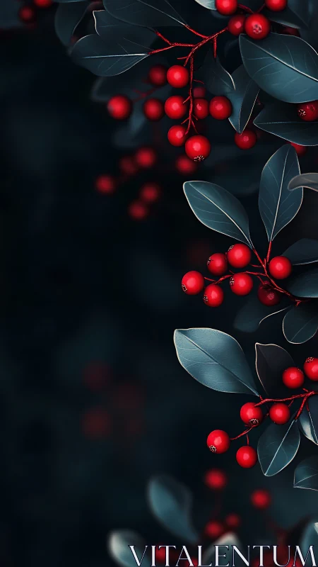 Midnight holly berries glowing against deep forest hush.