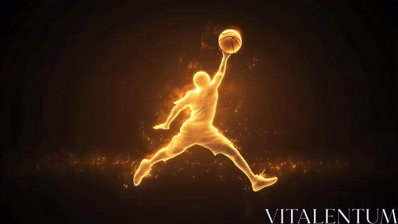 Glowing basketball silhouette leaping in radiant motion trail.