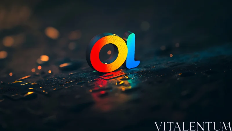 Colorful 3D letters on wet reflective dark surface