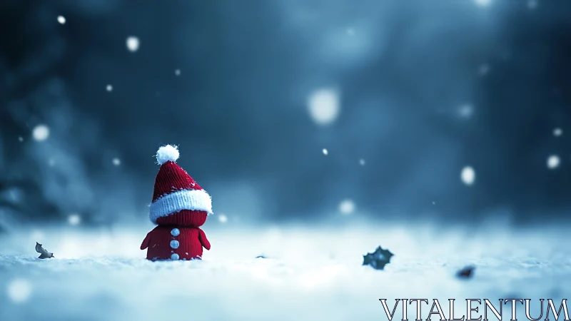 Photorealistic winter vignette with red knitted figure focus.