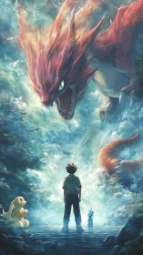 Trainer confronts massive red dragon-like creature in misty forest