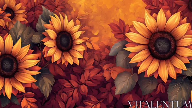 Sunflower array within high-saturation autumn foliage field.