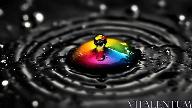 Rainbow droplet crowns dark water with luminous ripples.