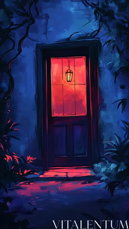 Nocturnal doorway with red interior glow and hanging lantern