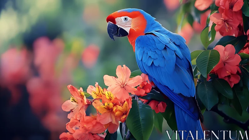 Vibrant Blue Macaw on Orange Blossoms, Nature Photography.