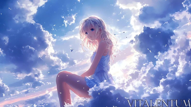 Ethereal anime sky girl framed in luminous cloudscape composition.