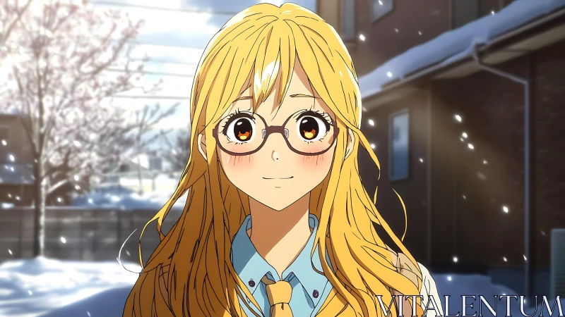 Glasses-wearing blonde anime girl in snowy street scene.