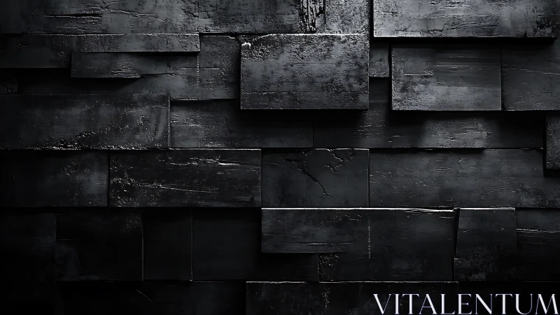 Black textured rectangular panels form layered abstract wall