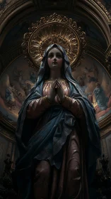 Marian devotional statue under gilded baroque halo lighting.