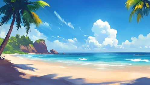 Tropical Beach Paradise with Palm Trees and Turquoise Waters.