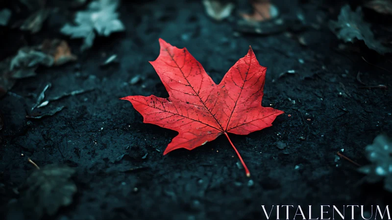 Red maple leaf rests on dark earth in moody contrast.
