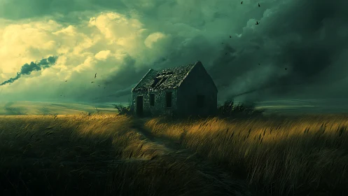 Storm-lit abandoned cottage amid wind-swept wheat field under clouds
