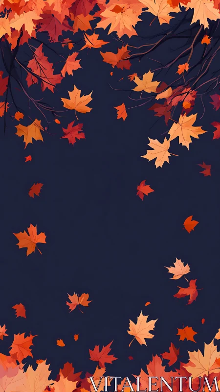 Autumn maple leaves drift around deep navy void border.