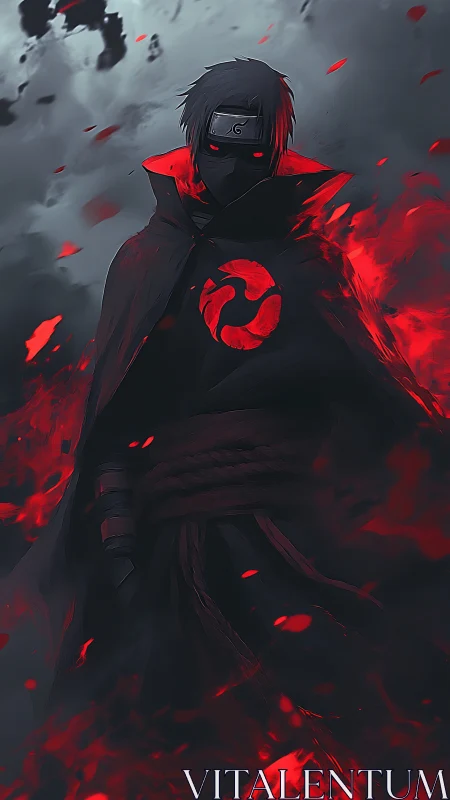 Masked shinobi in red chakra conflagration, storm-lit silhouette.