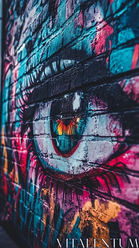Vibrant street art eye watching the city with electric color.