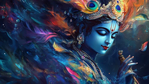 Celestial blue deity cloaked in peacock-feathered starlight.