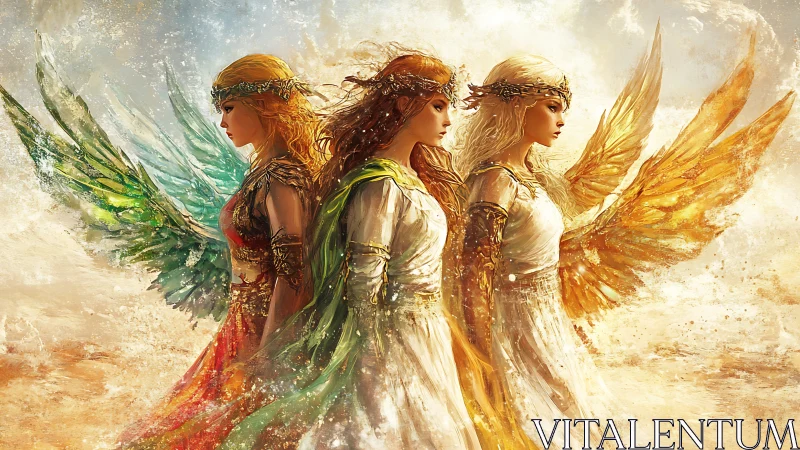 Triad of radiant elemental angels in luminous flight line.