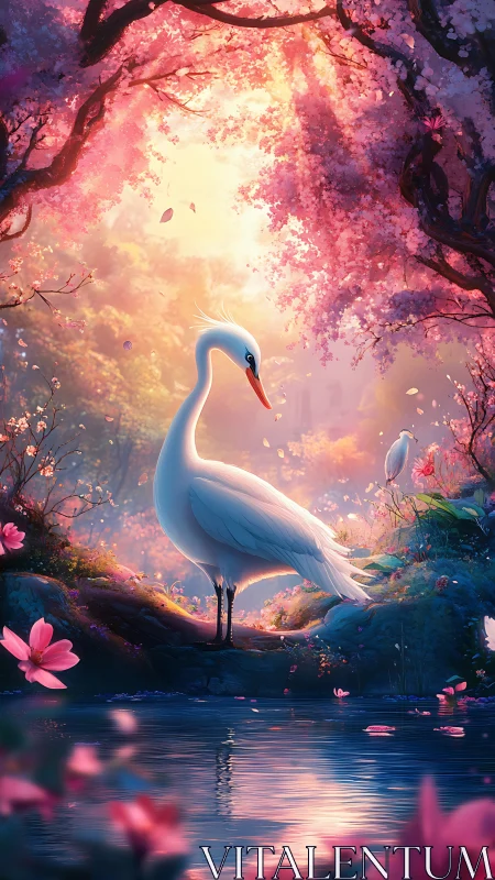 Swan standing by reflective pond under pink blossom canopy.