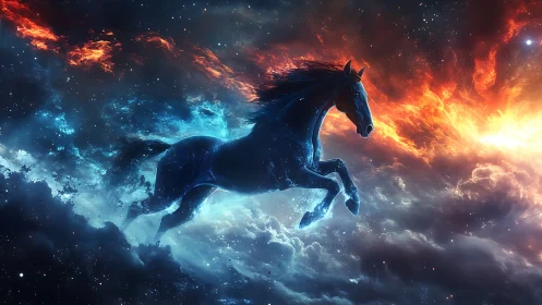 Astrophysical horse silhouette traversing bifurcated nebula field.