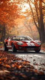 Red racing sports car on forest road in autumn light.