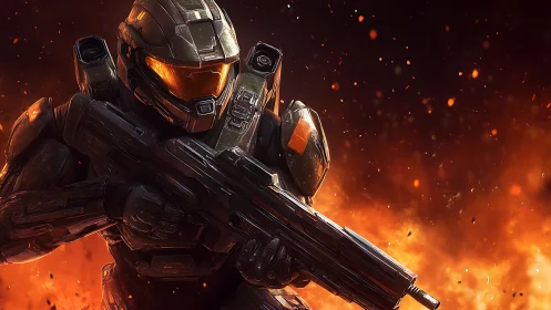 Armored space soldier advances through raging battlefield fire