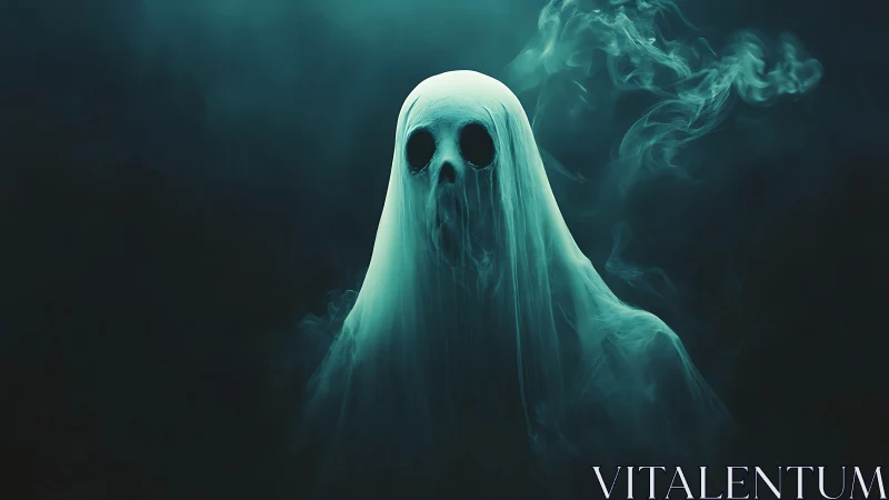 Eerie spectral figure emerges from teal smoke in darkness