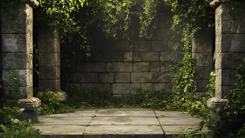 Quiet stone courtyard wrapped in soft green overgrowth.