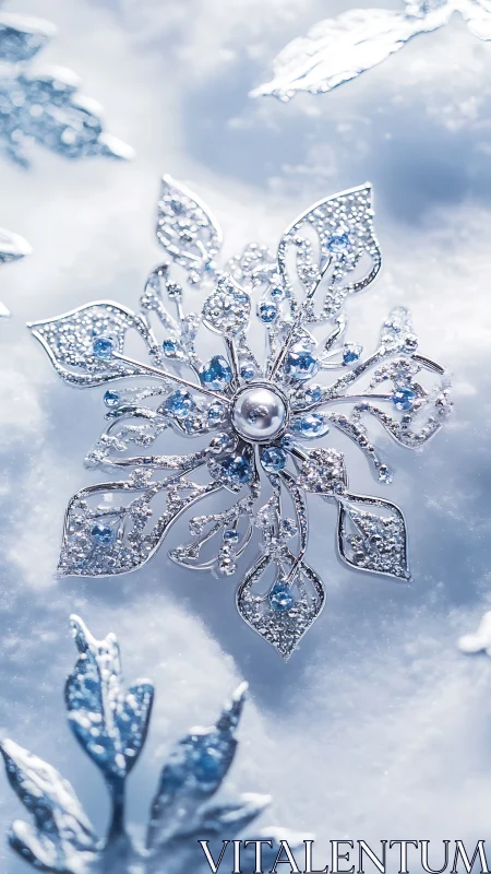 Intricate silver snowflake brooch with blue gemstones rests on snow