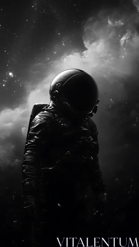 Shadow-clad astronaut lingers where starlight forgets to fall