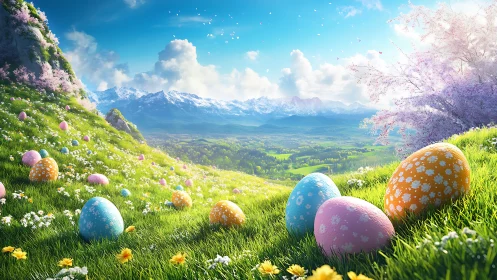 Vibrant Easter eggs scattered on alpine wildflower hillside.