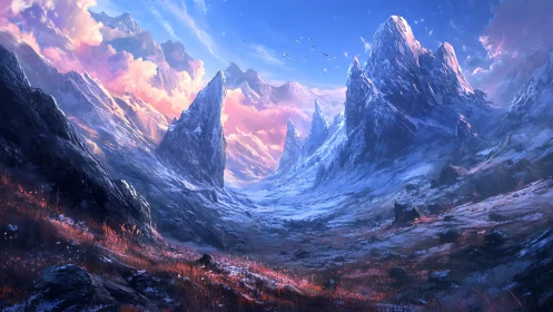 Sunlit frozen valley opens between towering pastel peaks