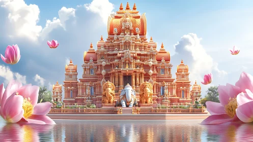 Ornate riverside temple gleams amid floating lotus blossoms.