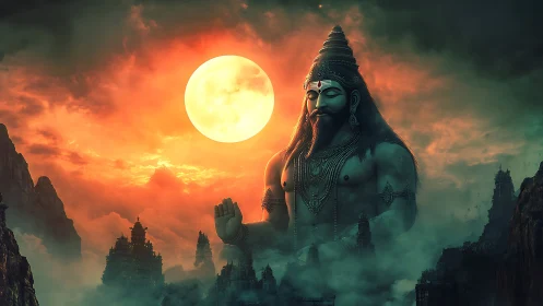 Colossal meditative deity statue dominates misty temple valley