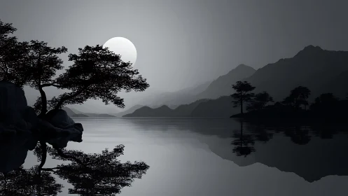 Monochrome moonlit lake reflects layered mountain silhouettes
