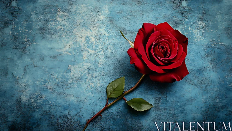 Red Rose on Textured Blue Surface.