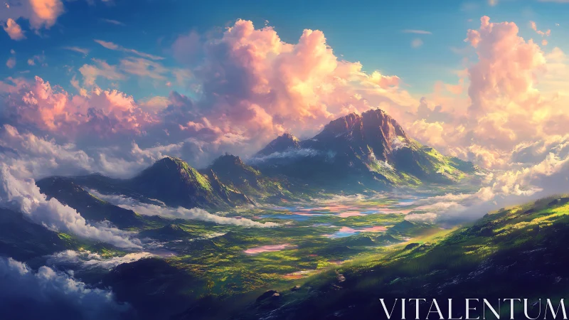 Sunlit cloud kingdoms float above emerald dreaming valleys