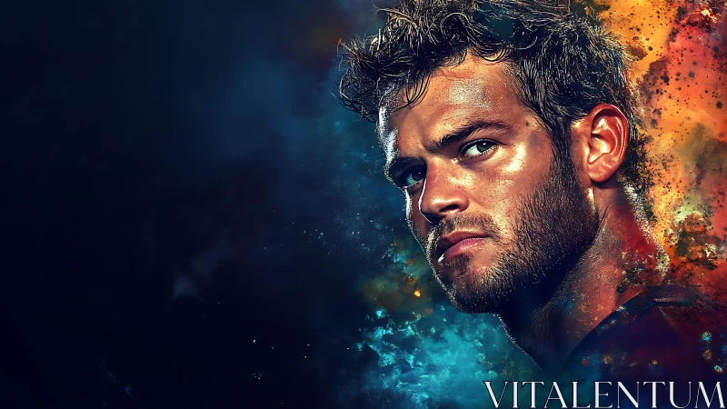 Storm-lit portrait of a determined man in molten colors.