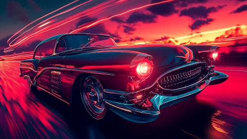 Neon-lit retro coupe in high-speed cyberpunk motion blur.